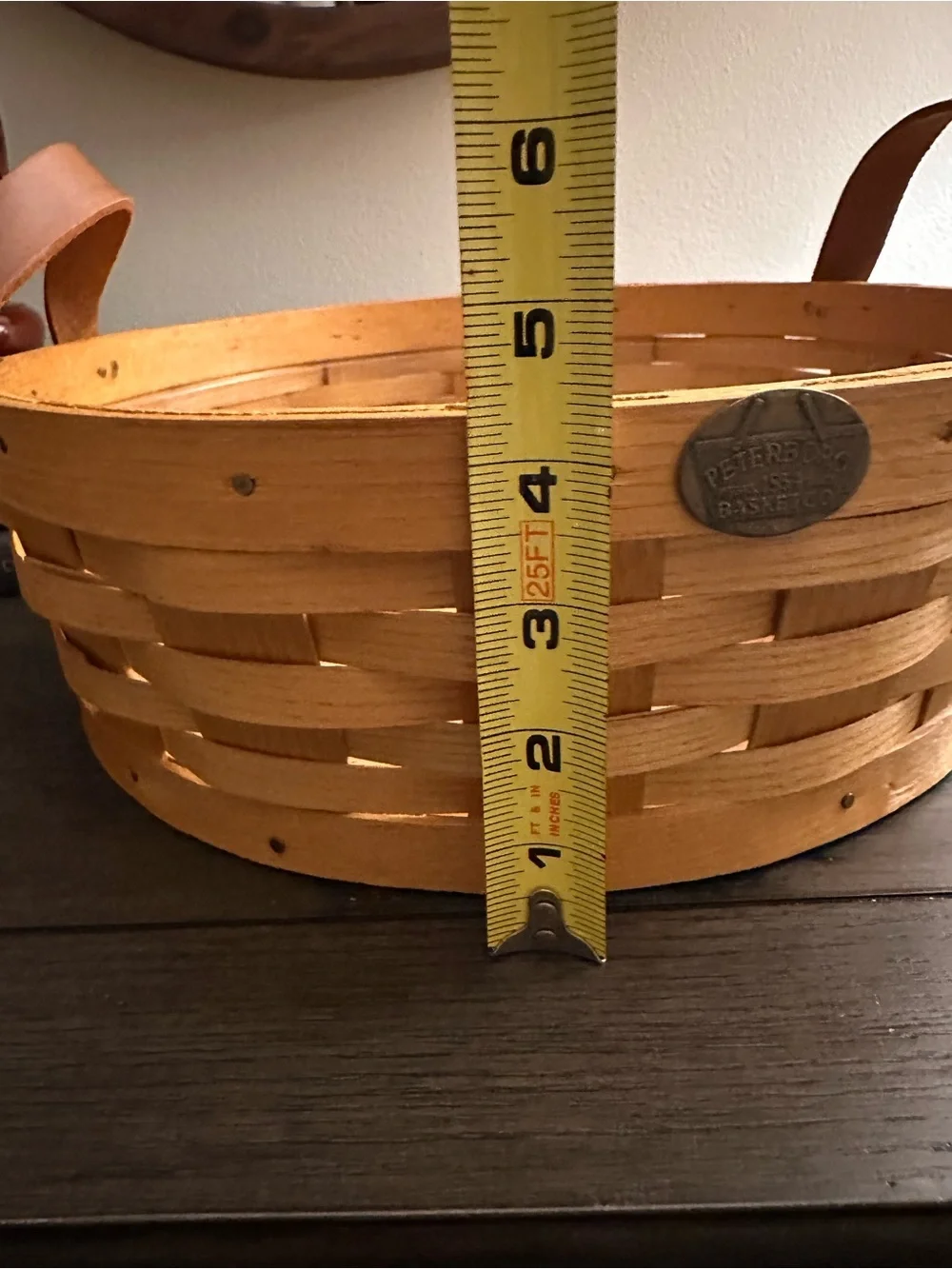 Vintage Peterboro Basket Co Round Woven Wood Basket Leather Handles USA
